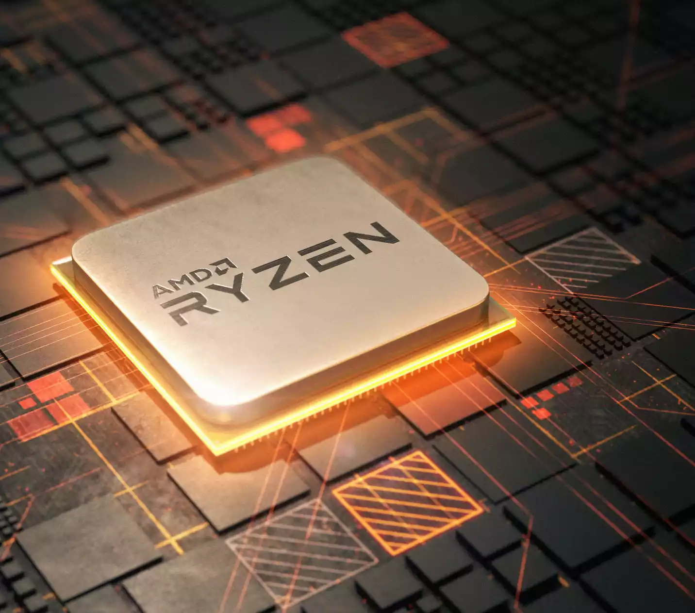 procesador AMD Ryzen 5 3400g iluminado sobre  fondo de cuadros